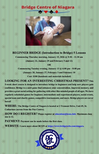 Beginner Bridge Lessons, Starting in January!