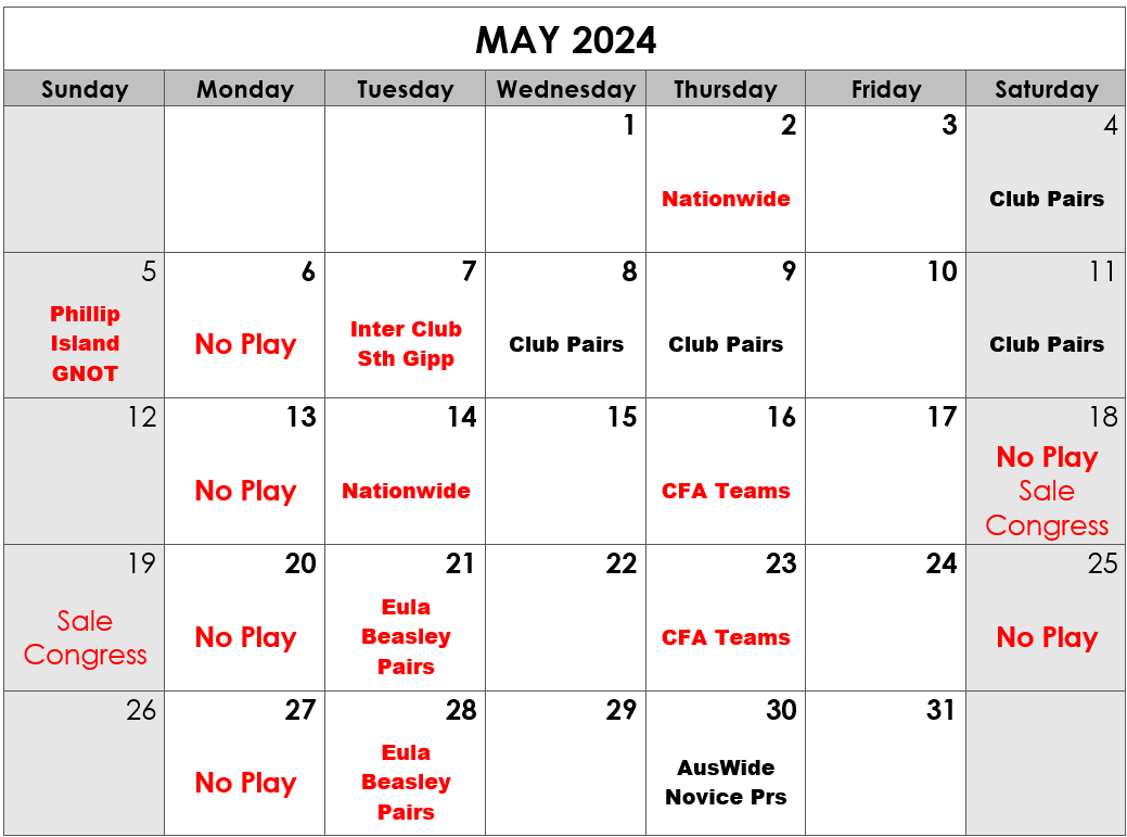 2024 May Calendar (Monday games moved to Saturday)
