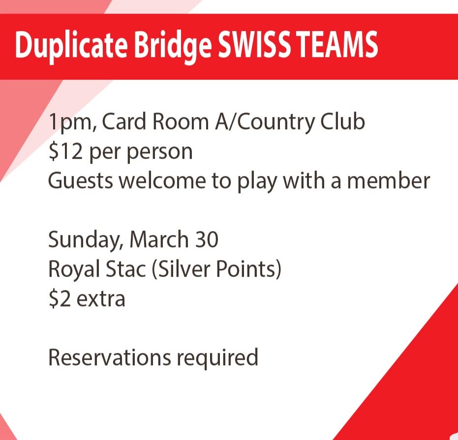 Our next Swiss Team Game is the 30th March ROYAL STAC SILVER- 1:00pm Please get your teams together. If you need teammates please contact me and I will try to find pairs for you.