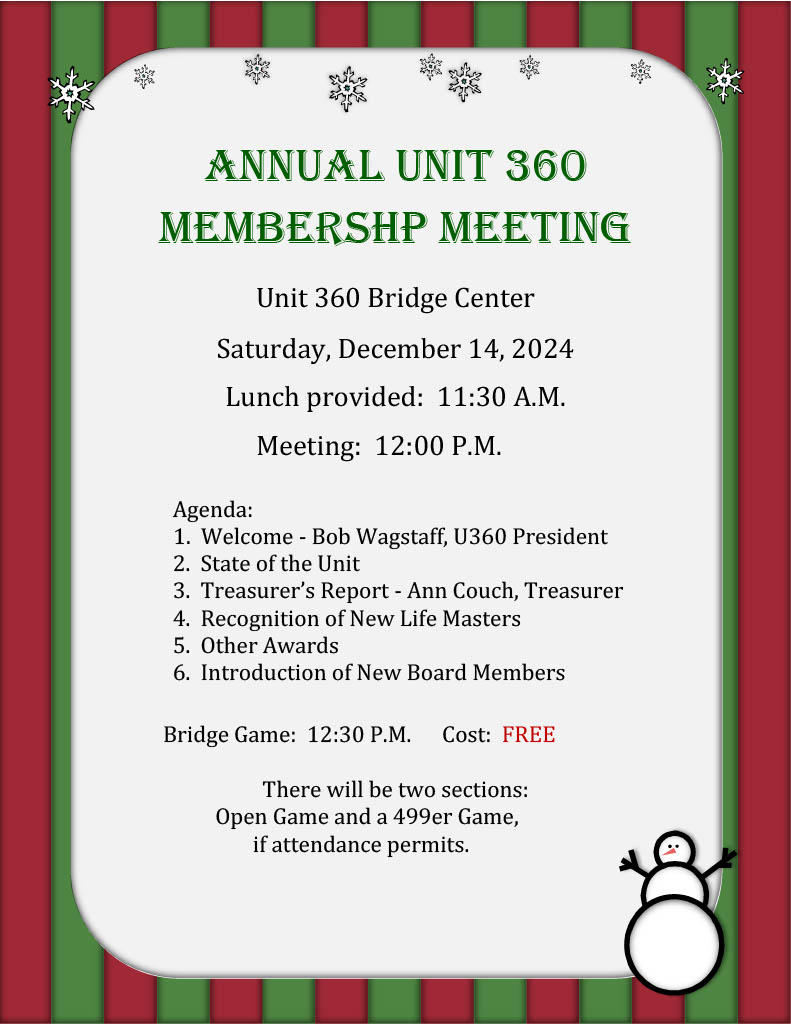 Annual Unit Membership Meeting and Free Bridge Game