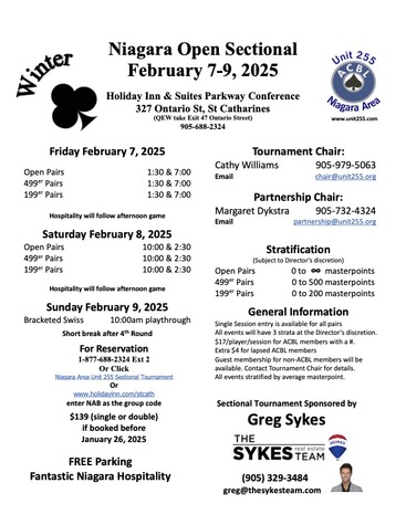 Open Sectional Tournament, Feb 7-9! Here at NOTL!