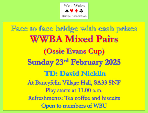 Ossie Evans Cup - WWBA Mixed Pairs - Sunday 23rd February 2025