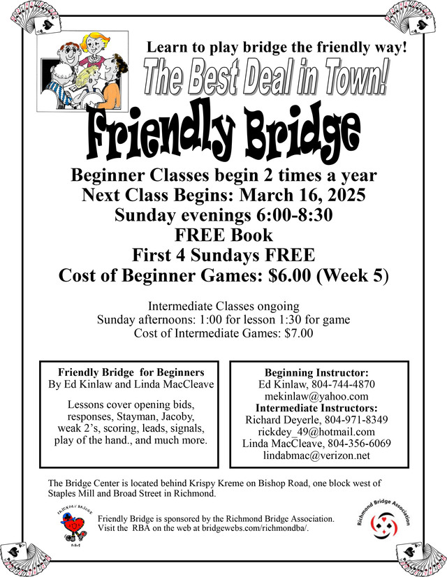 Friendly Bridge Classes Every Sunday Night - Next Session Begins March 16